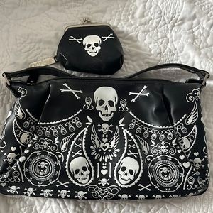 Small Loungefly Skull & Bones purse with matching coin bag.